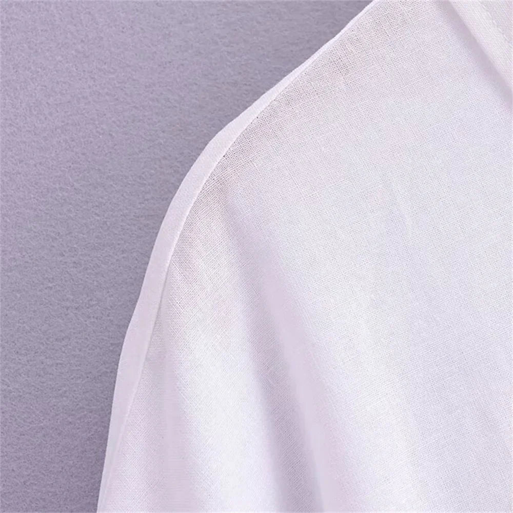 Women's White Pure Linen Long Sleeve Shirt with Pocket Detail Loose Fit Slimming Design