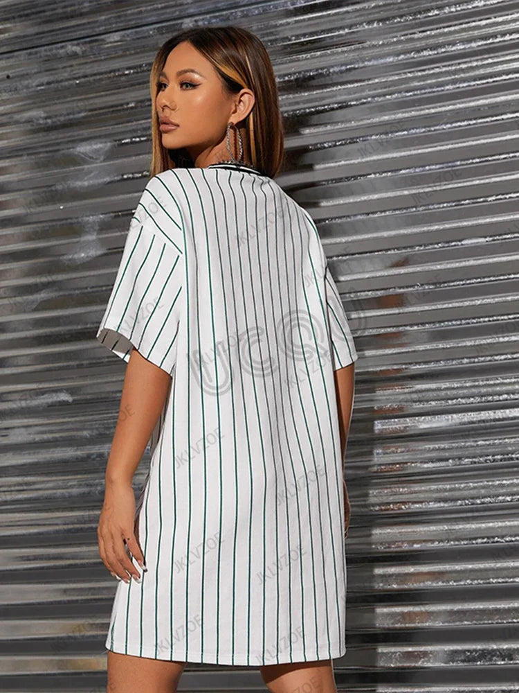 Printed Striped T Shirt Dress For Women Casual Streetwear