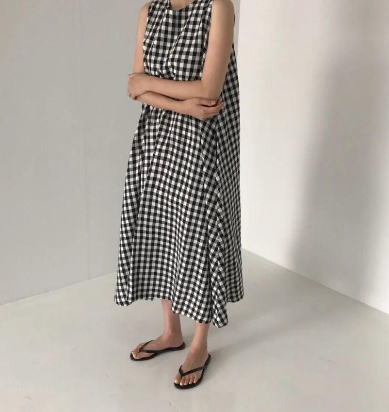 Vintage Plaid Tank Dress for Women High Waist O Neck
