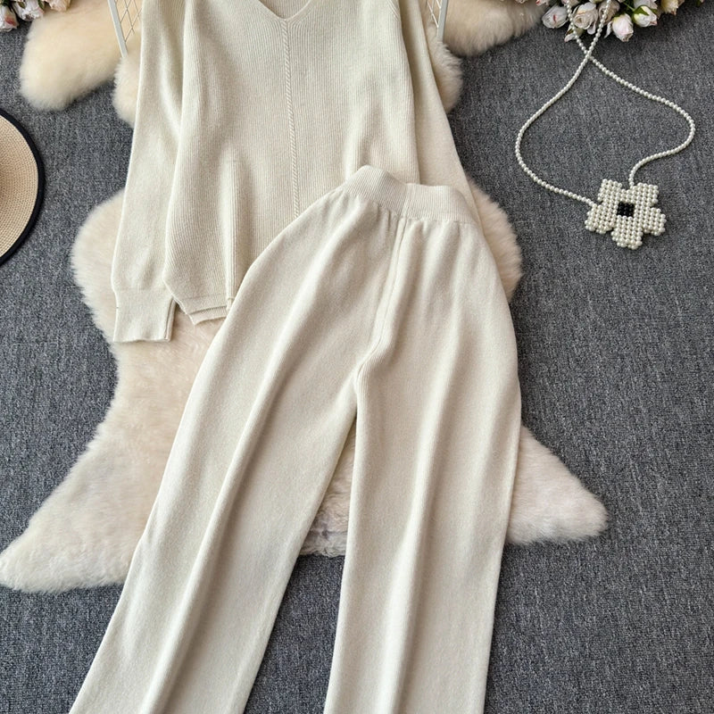 Cozy Knitted Two-Piece Women's Tracksuit Set with V-Neck Sweater and Straight Jogging Pants Autumn Winter Lounge Wear