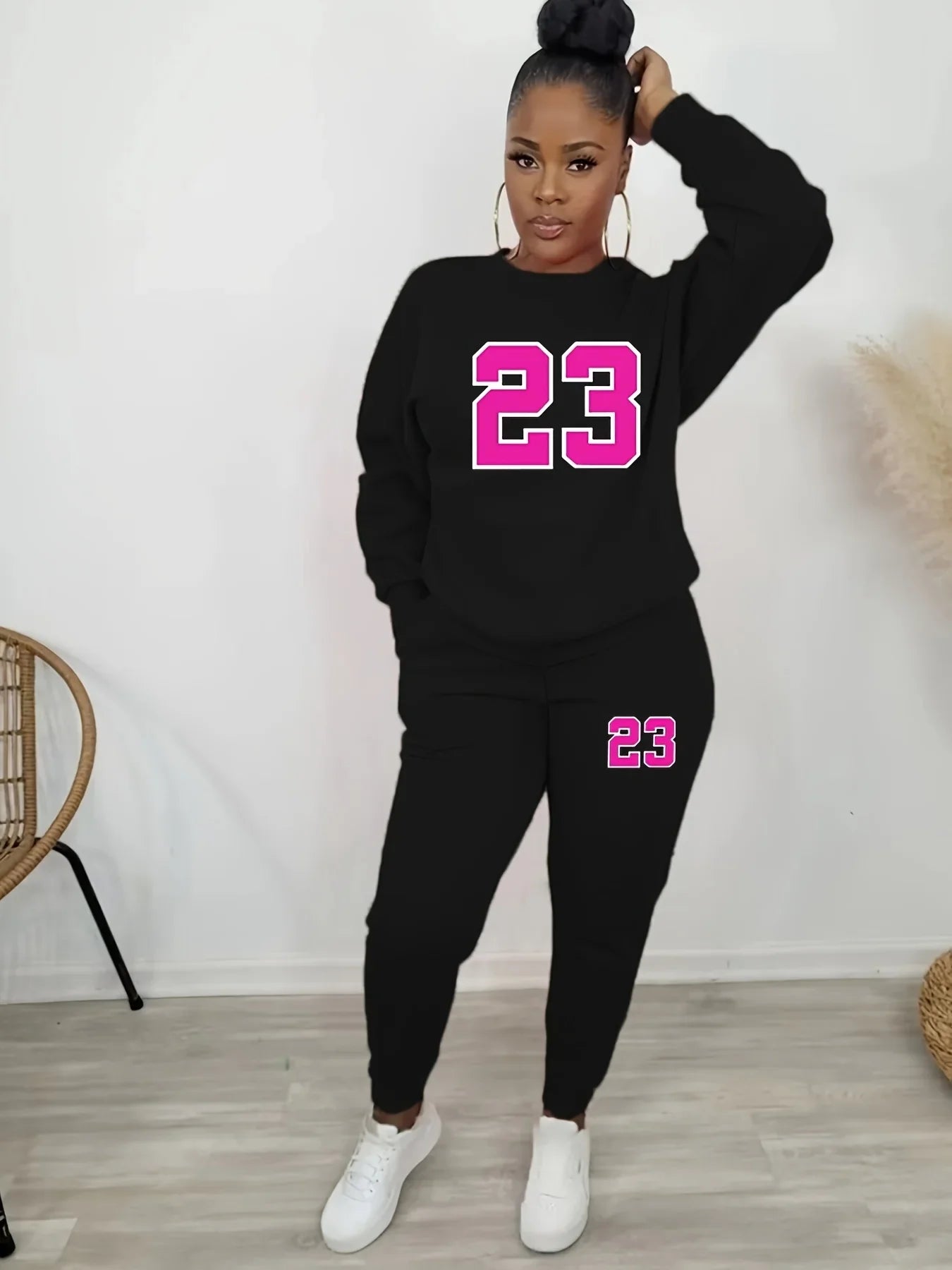 Casual Women's Two Piece Set with Kangaroo Pocket Round Neck Sweatshirt and Solid Color Long Sleeves