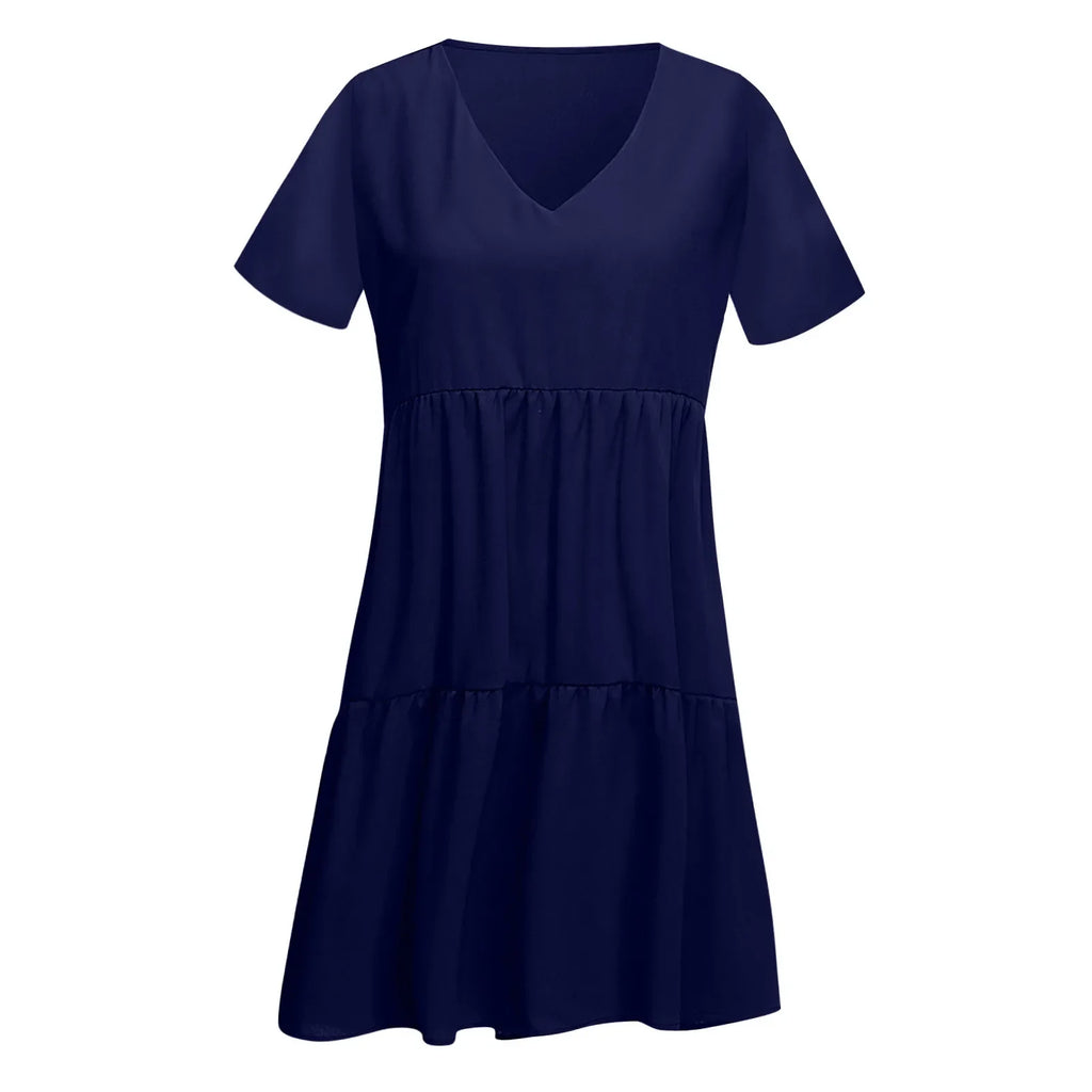 Womens V Neck Short Sleeve Loose Fit Dress Solid Color