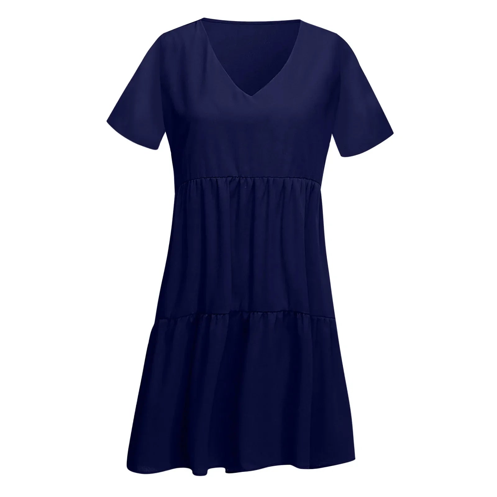 Womens V Neck Short Sleeve Loose Fit Dress Solid Color