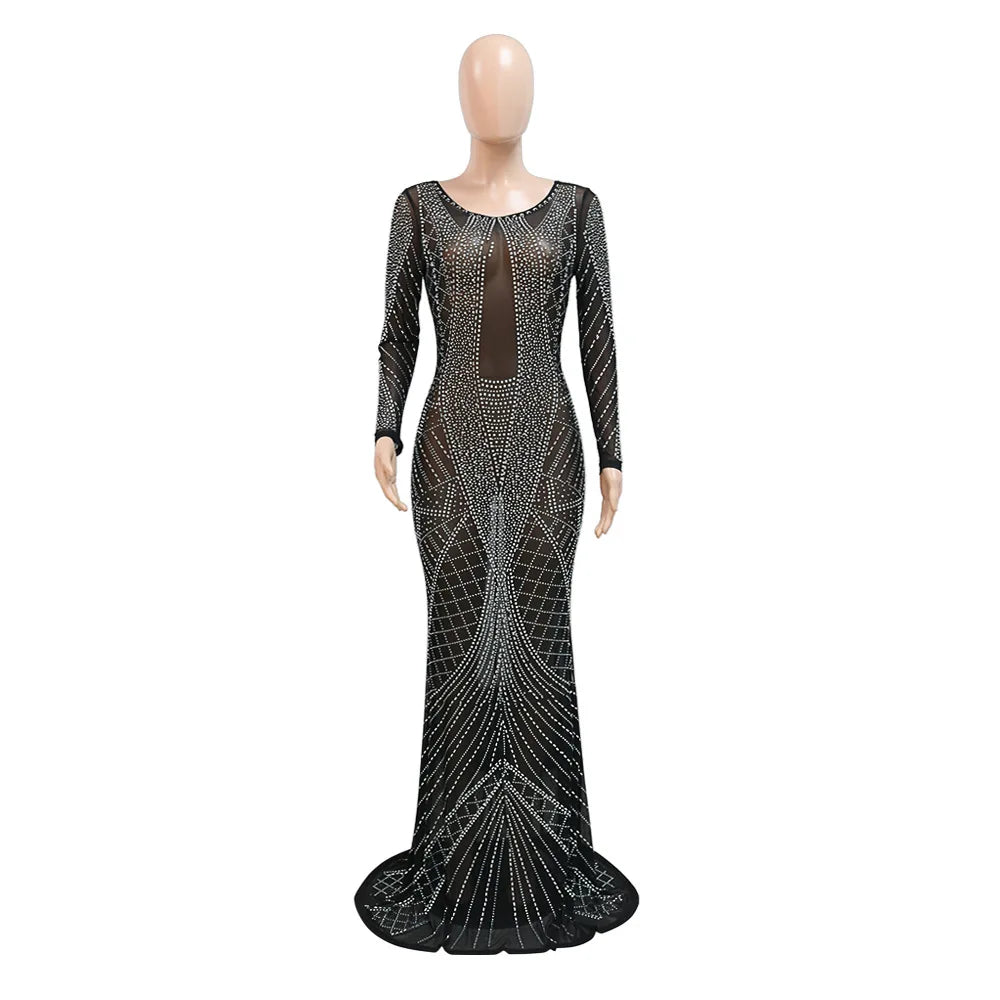 Sexy Mesh Diamond Embellished Maxi Dress for Evening Party