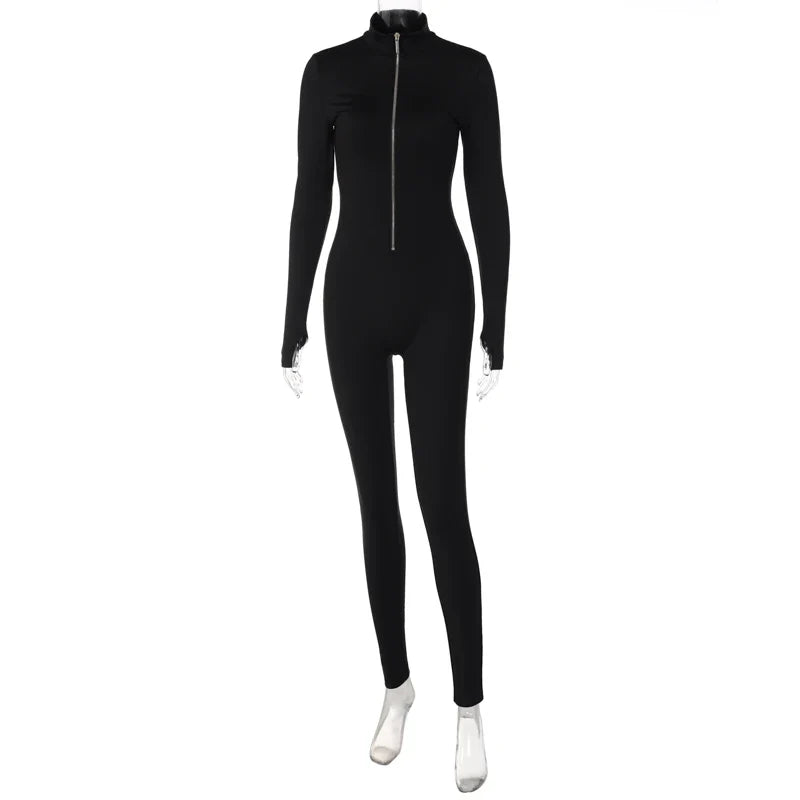 Long Sleeve Zipper Bodycon Jumpsuit Solid Color Casual Sexy Romper Club Streetwear for Autumn and Winter