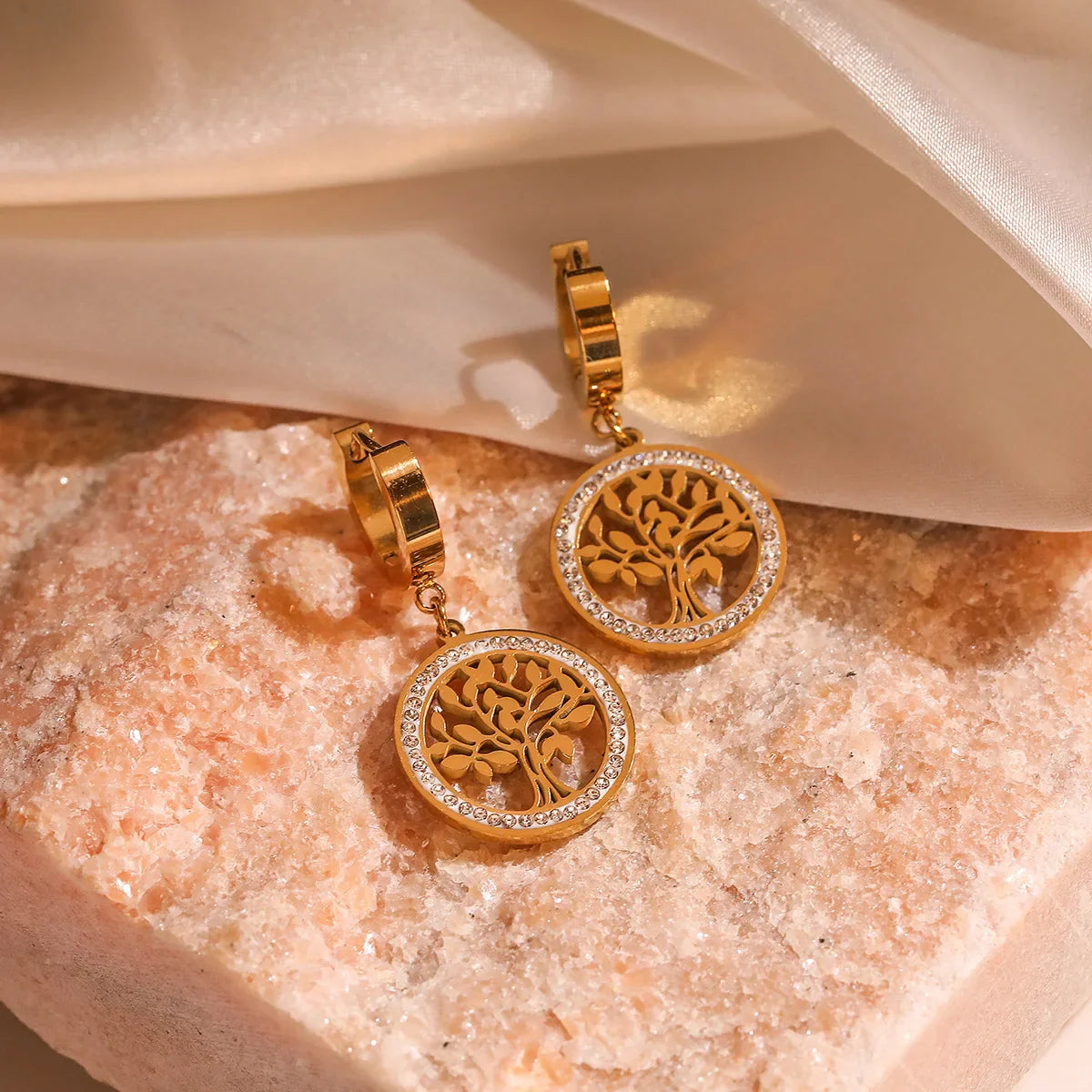 Trendy Titanium Stainless Steel Bohemia Hoop Earrings with CZ Crystal Tree Design for Women and Girls