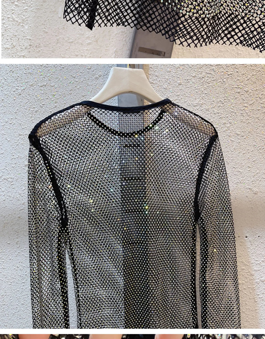See Through Rhinestone Dress Round Neck Long Sleeve