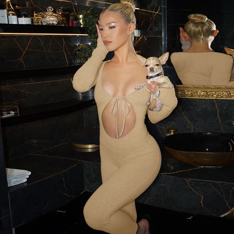 Solid V Neck Long Sleeve Hollow Out Lace Up Sexy Bodycon Jumpsuit Women's Fashion Streetwear Sporty Romper Overalls for Fall