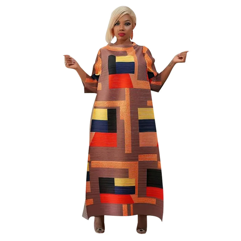 Leaf Print Pleated Boho Maxi Dress for Women Casual Beach