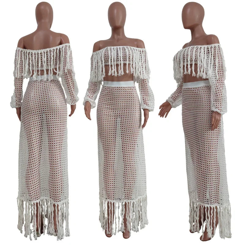 Fringed Tassel Two Piece Women's Beachwear Set Crochet Hollow Out See Through Crop Top and Long Skirt Vacation Outfit