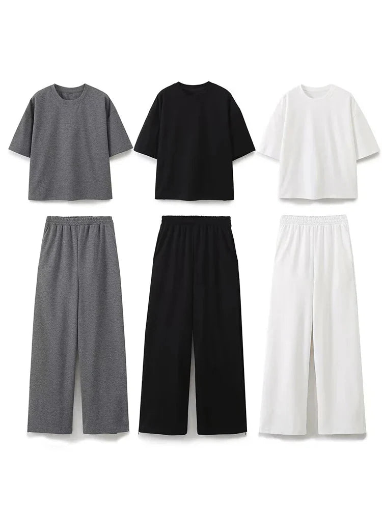 Women's Solid Casual T Shirt and Pant Set with Short Sleeves and Lace-Up Side Pockets