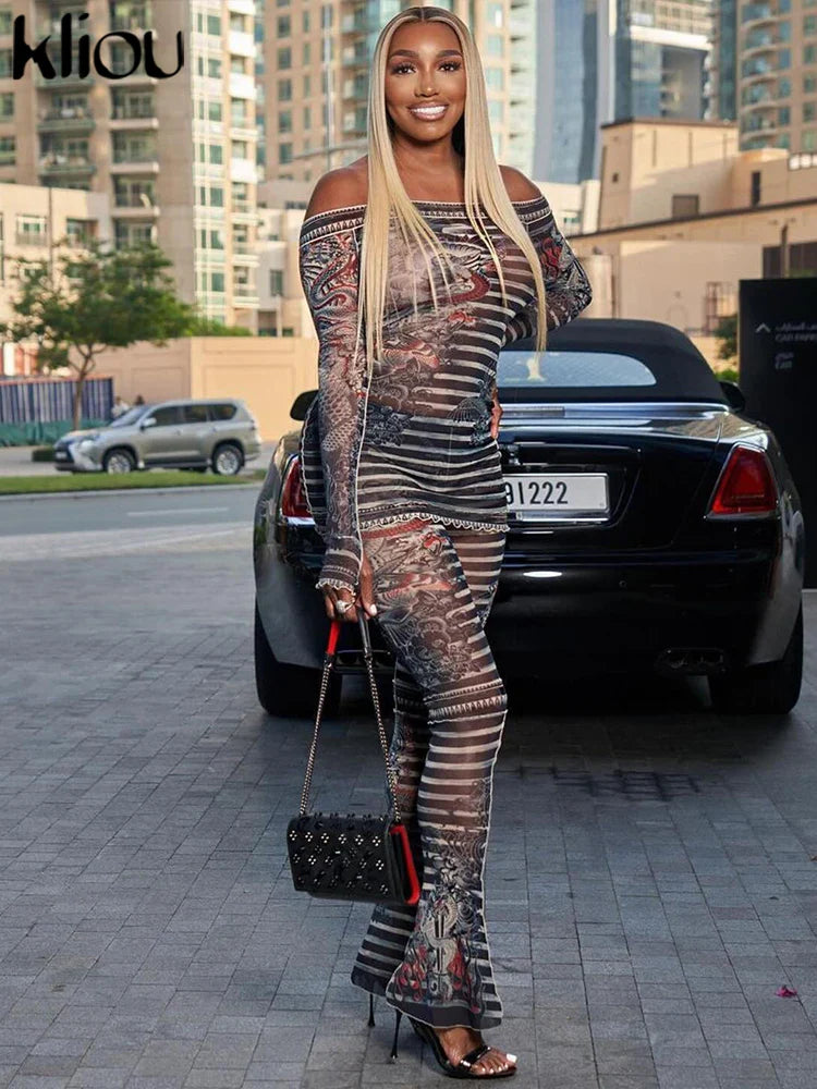 Mesh Trend Print 2 Piece Set for Women with Hipster Slash Neck Full Sleeve Top and Matching Slim Fit Pants