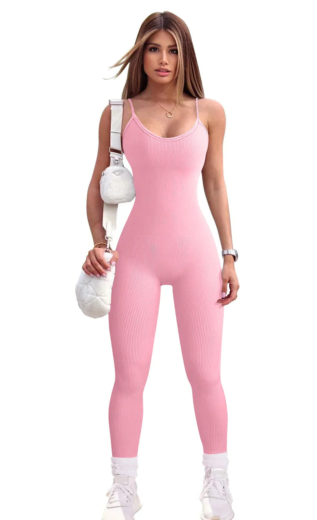Solid Color Slim-Fit Seamless Hip Lifting Bodysuit Yoga Jumpsuit Set for Women