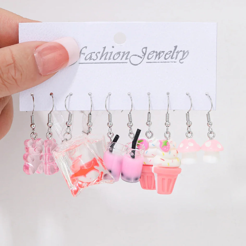 Cute Cartoon Food Fruit Drink Earrings Set for Women Fun Resin Jewelry Gift