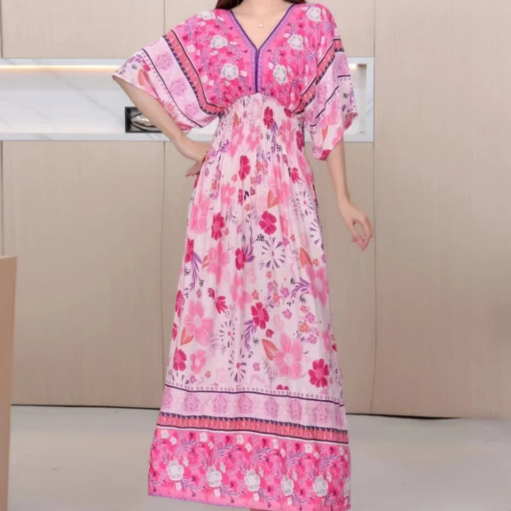 Chic Womens V Neck Vintage Boho Print A Line Dress Style