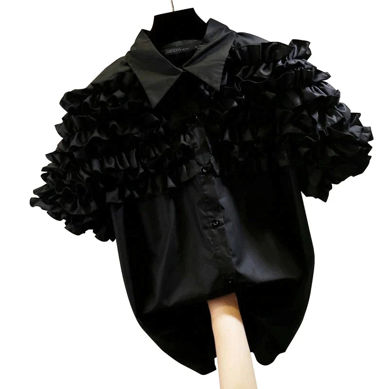 Women's Ruffle Trim Short Sleeve Blouse with Turn-Down Collar Casual Button-Up Solid Color Shirt