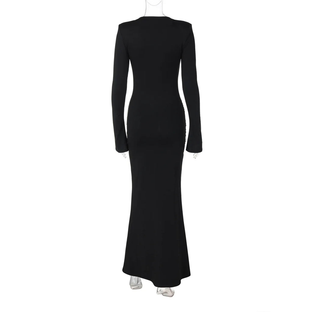 Elegant Black Pleated Maxi Dress For Women With High Waist