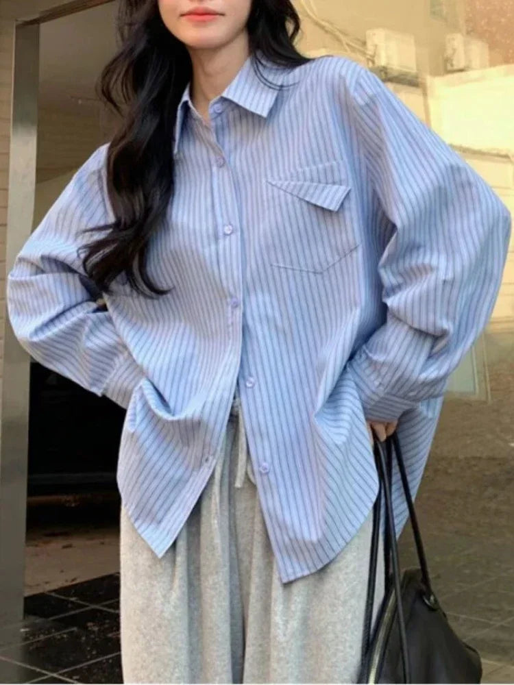 Loose Blue Striped Long Sleeve Blouse with Pocket Casual Versatile Shirt for Women