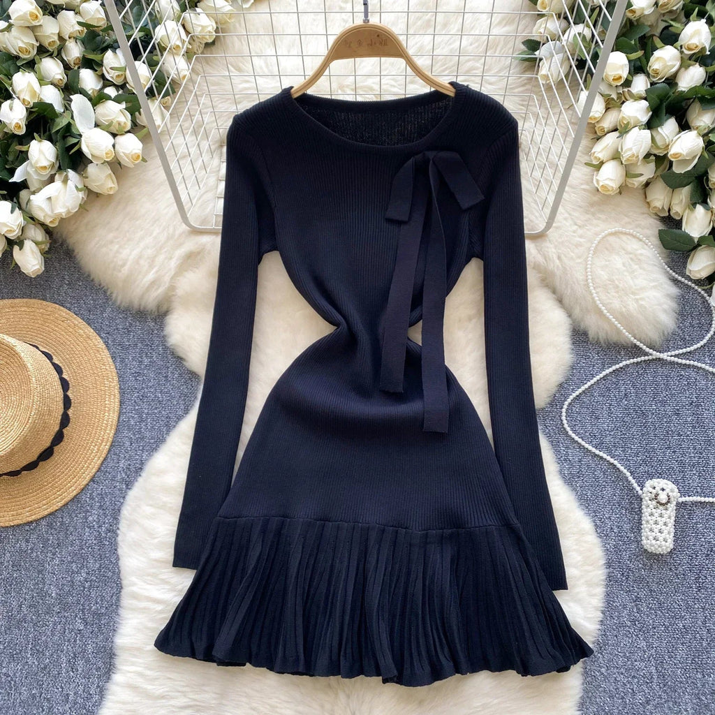 Knitted Short Dress With O Neck Bow Bodycon Chic Style