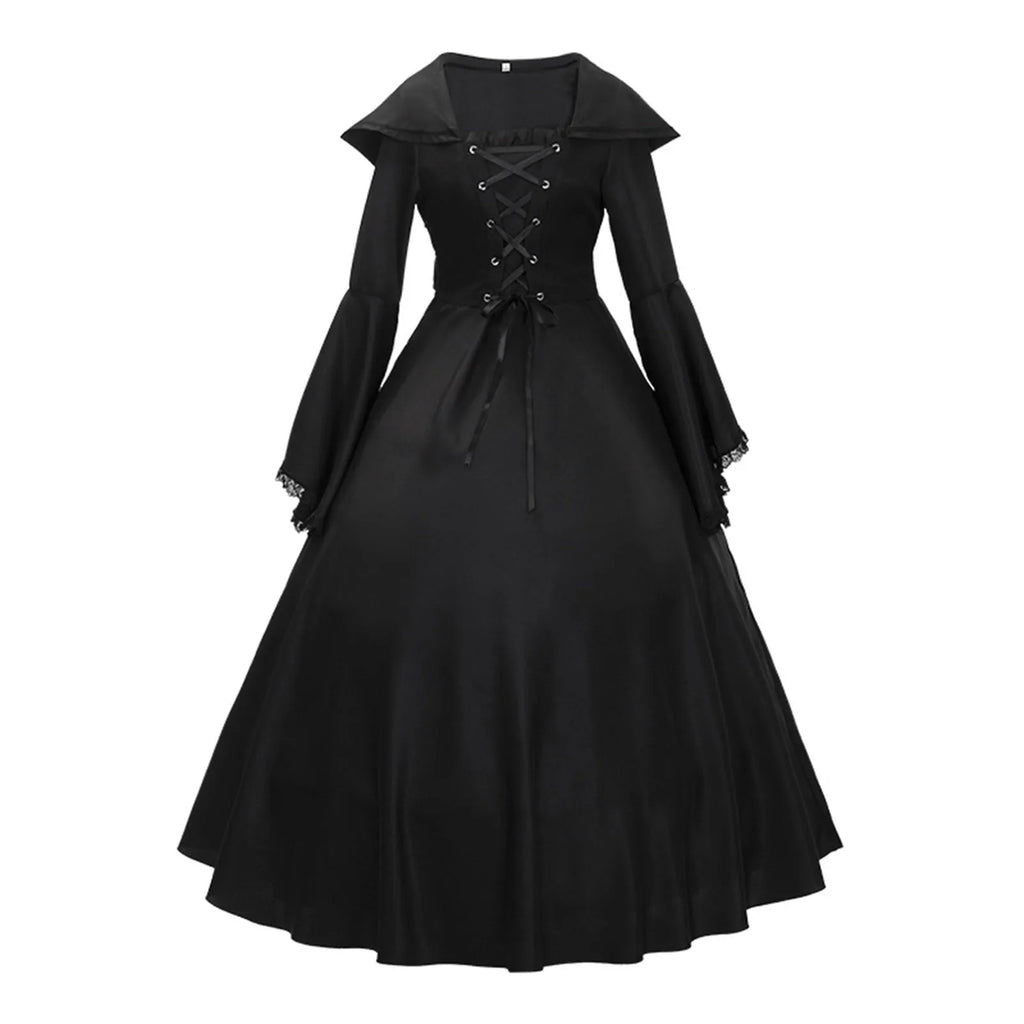 Gothic Hooded Long Sleeve Dress With Lace Flare Sleeves