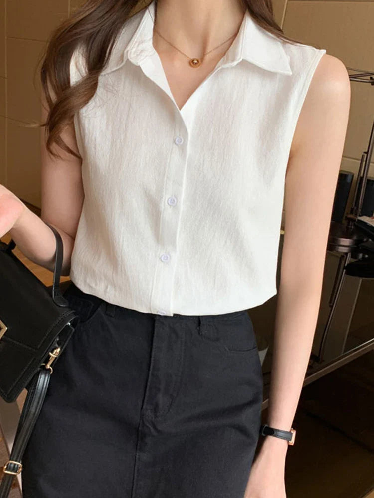 Sleeveless Turn-Down Collar Blouse for Women Elegant OL Style Workwear Shirt Lightweight Summer Top