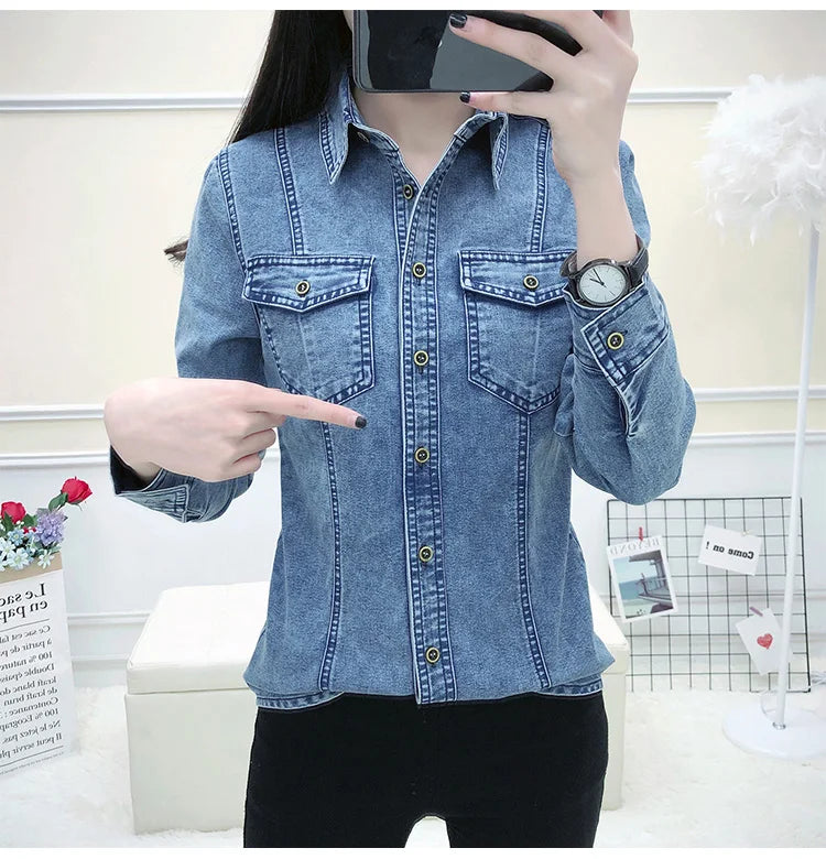 Women's High Quality Denim Shirt Long Sleeve Single Button Blouse with Pockets Casual Korean Style Autumn Winter Top