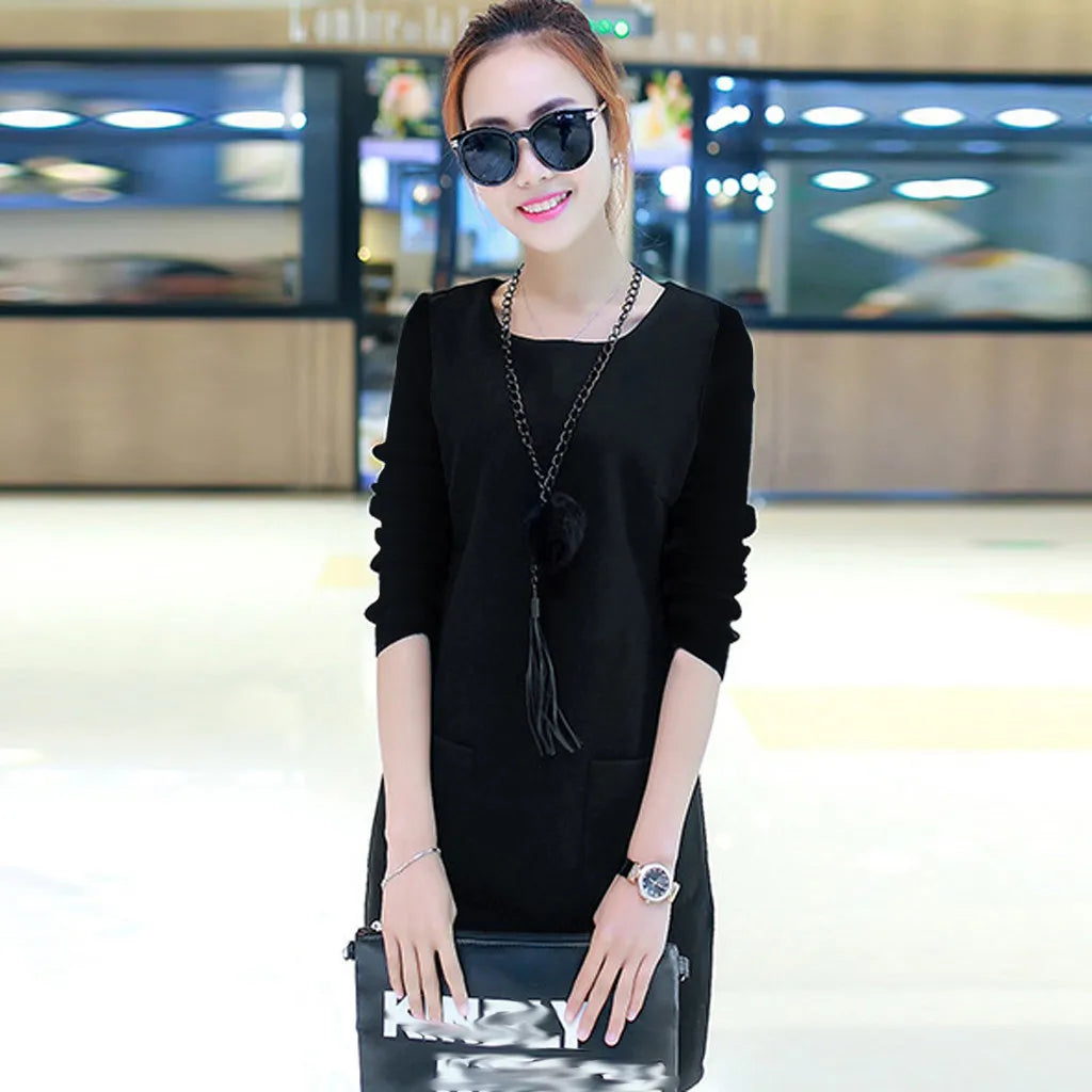 Women Velvet Padded Sweatshirt Dress With Pocket Detail