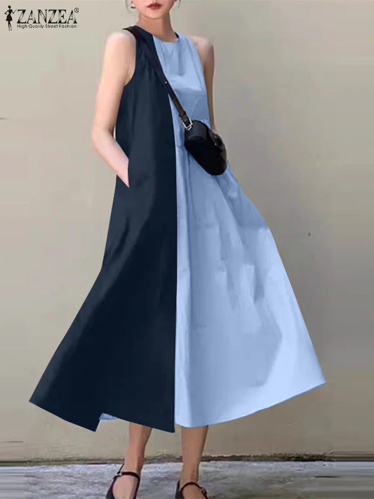 Women's Colorblock Sleeveless Midi Sundress With Pockets