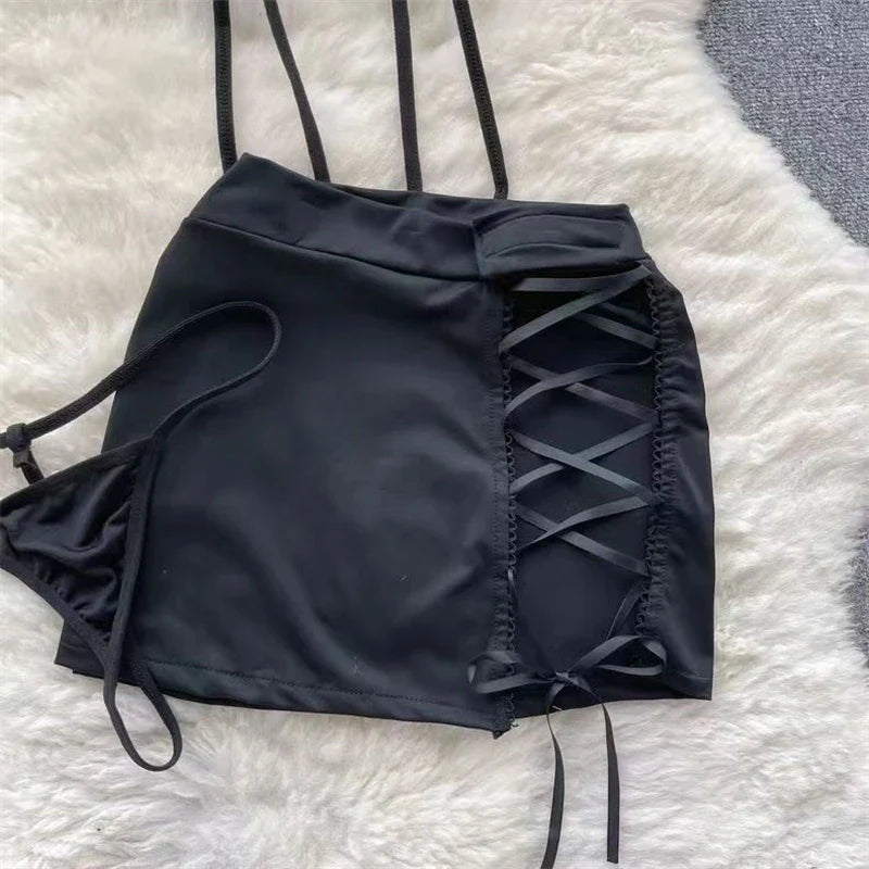 Women Preppy Sexy Uniform Set Sheer V Neck Top Lace Up Mini Skirt Hollow Out Thong Lingerie Cosplay Costume