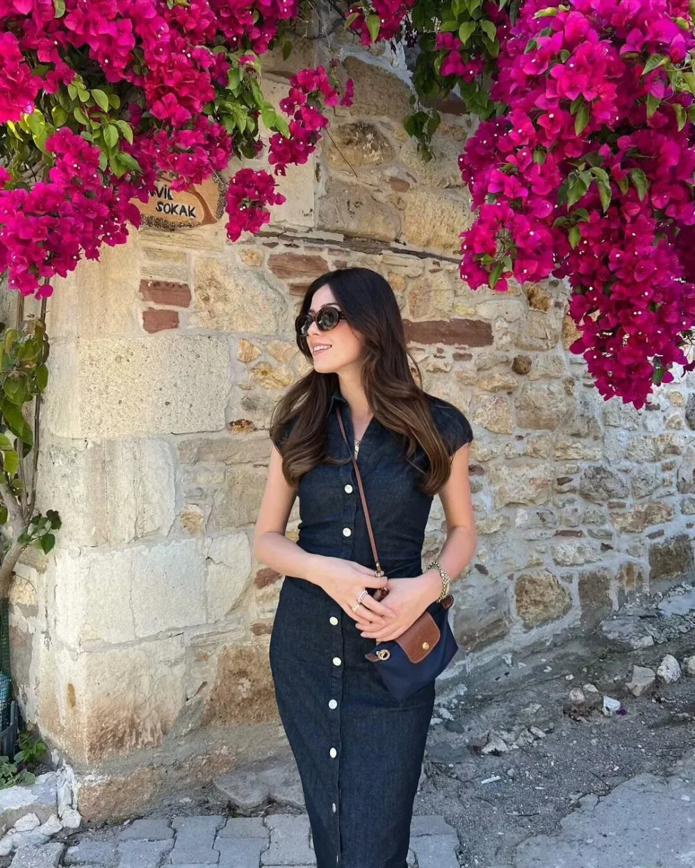 Fitted Denim Midi Shirt Dress With V Neck Long Sleeve