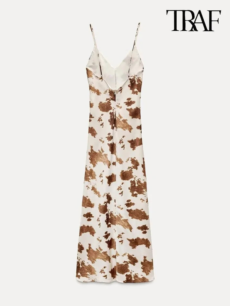 Satin V Neck Halter Dress With Mistletoe Print Elegant