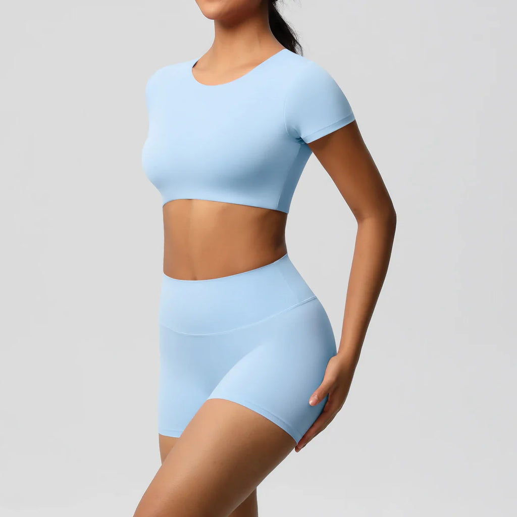 2PCS Women's Fitness Yoga Set High Waist Shorts with Short Sleeve Gym Top Seamless Sportswear Tracksuit for Activewear