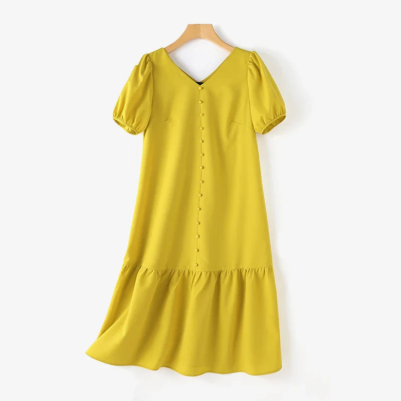 V Neck Puff Sleeve Midi Dress Solid Color Casual Wear