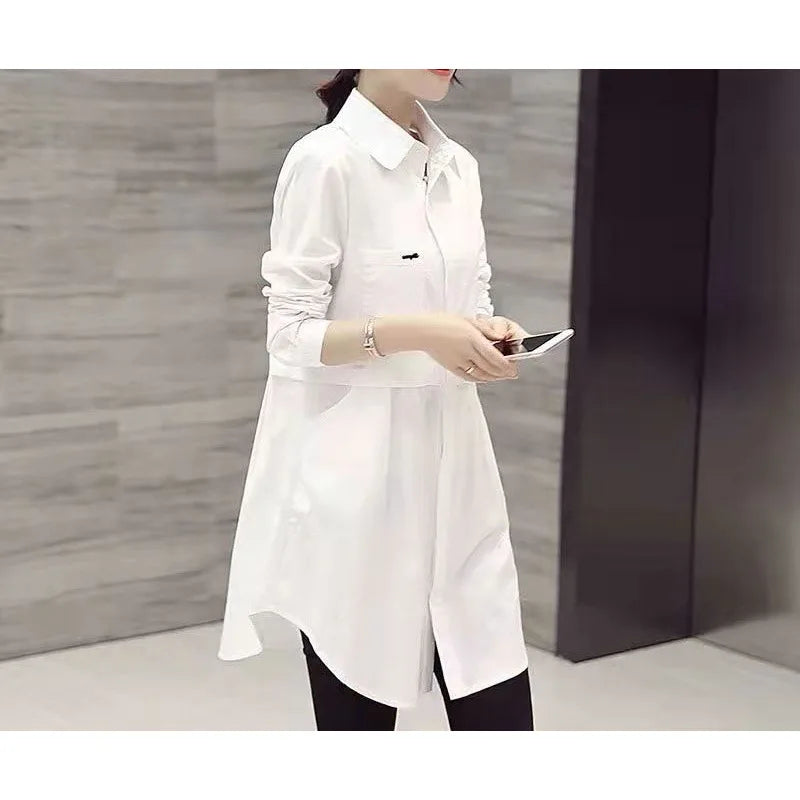 Mid-Length White Polo-Neck Shirt for Women Lightweight Stylish Spring Summer Blouse Elegant Korean-Inspired Fashion