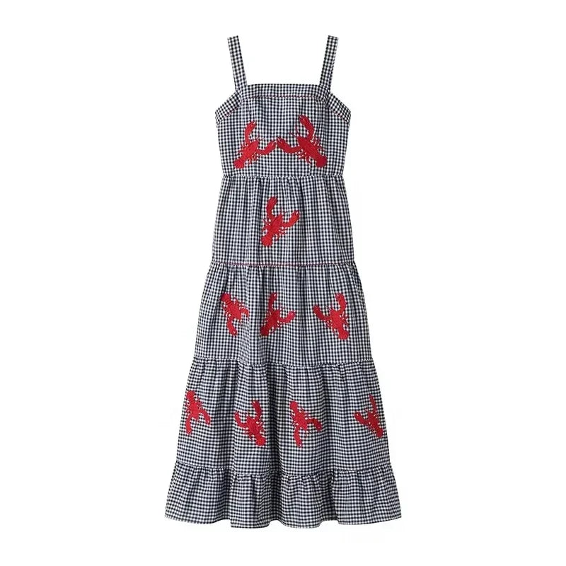 Embroidered Plaid Pleated Midi Dress Backless Beach Style