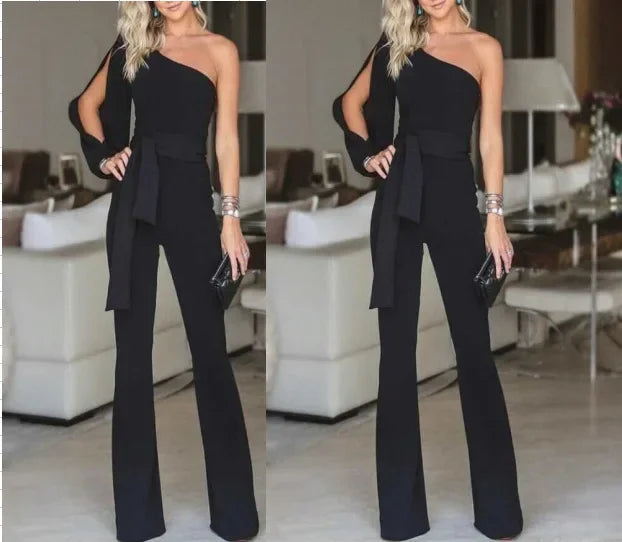 Women's High Waist Tie-Up Slim Fit Solid Color Jumpsuit with Slant Shoulder Elegant Design for Banquet and Evening Wear