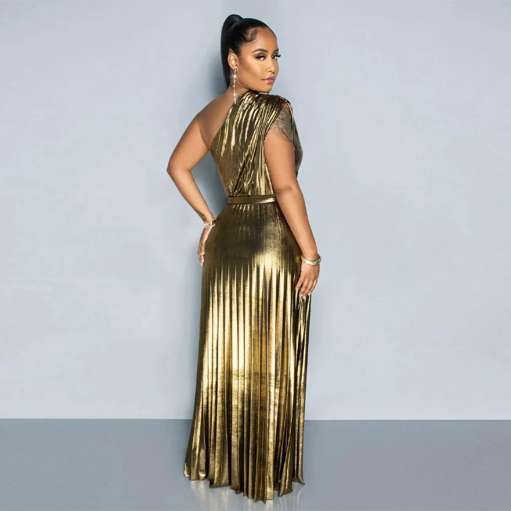 One Shoulder Metallic Pleated Maxi Dress Evening Gown