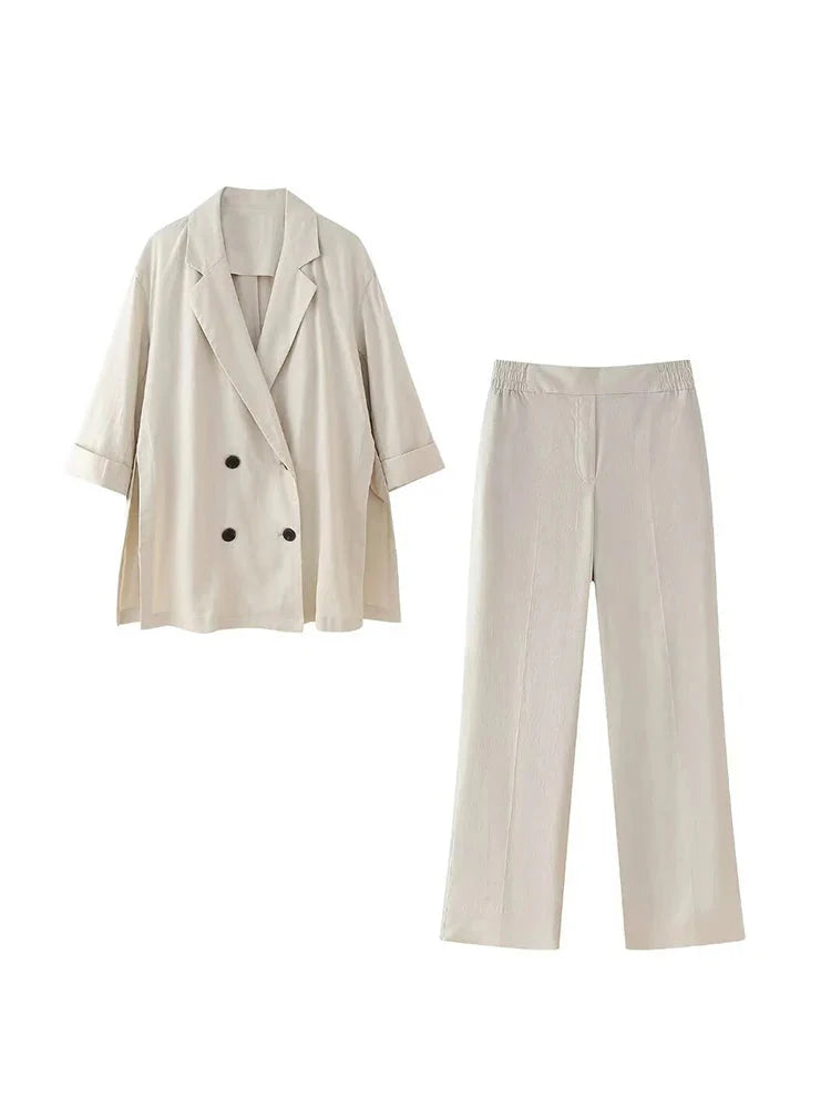 Women's Office Suit Set with Double Breasted Lapel Top and Wide Leg Pants in Solid Color