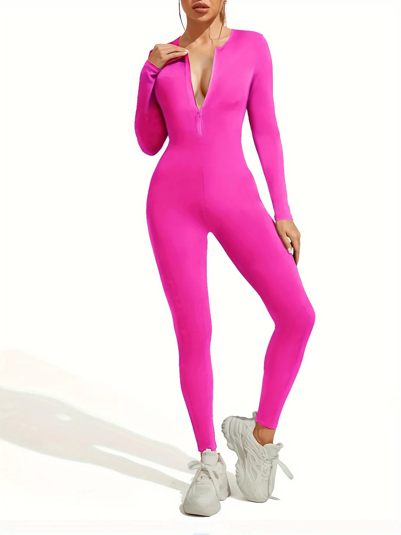 Sexy Ribbed Long Sleeve Zipper Bodysuit for Women Solid Color Bodycon Sporty Romper Jumpsuit