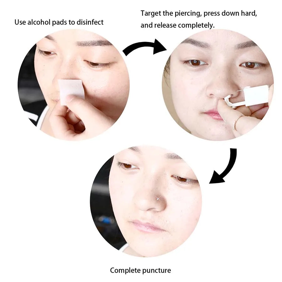 Disposable Nose Piercing Gun Kit with Built-in Stainless Steel Nose Stud and Alcohol Cotton