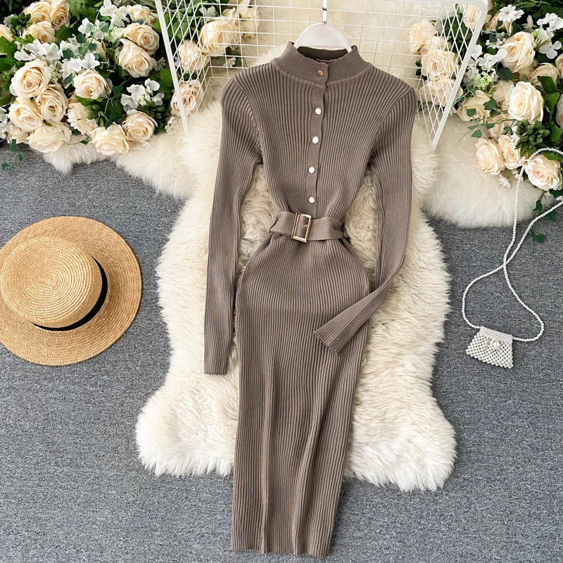 Womens Winter Knitted Dress Stand Collar With Sash Belt