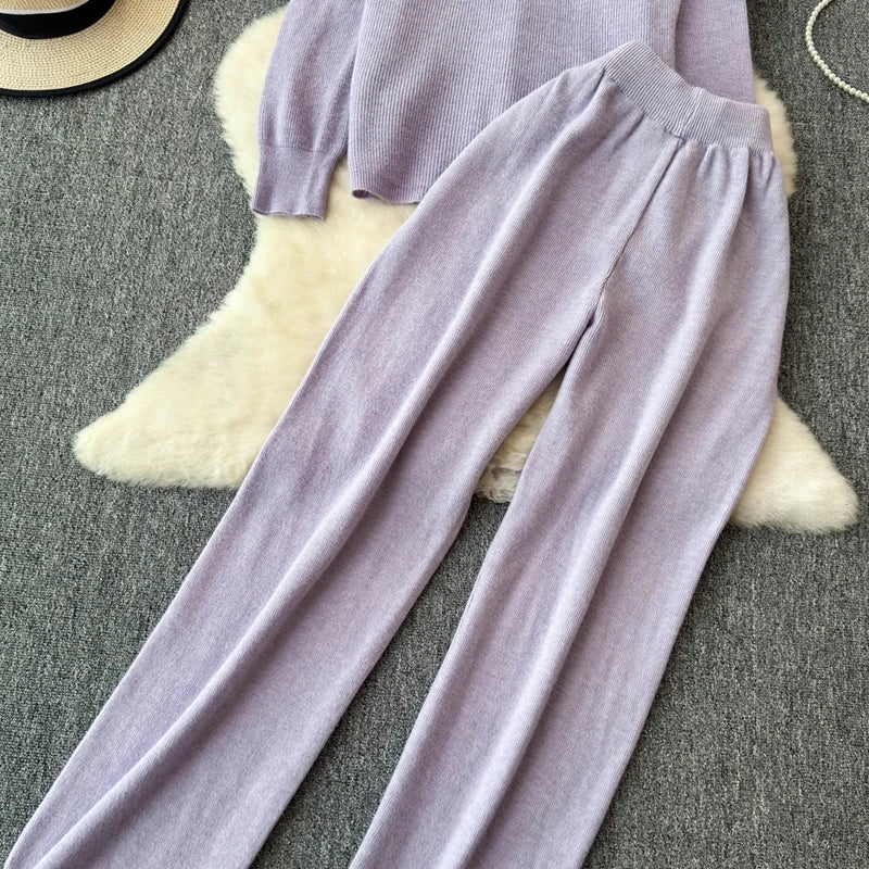 Knitted V-Neck Sweater and Straight Jogging Pants Women's Tracksuit Set