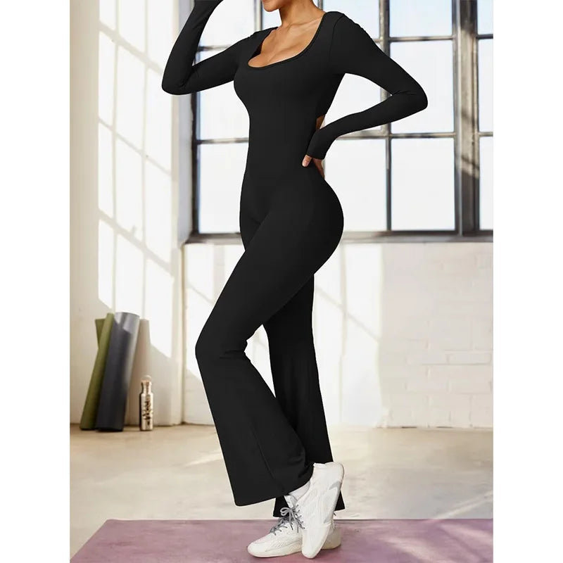 Long Sleeved U-Neck Tight Fit Backless Jumpsuit for Autumn and Winter Yoga Sports and Leisure