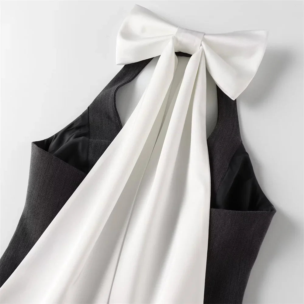 Women's Detachable Butterfly Knot Back Hanging Neck Vest with Pleated Skirt and Pants Set Spring Summer Fashion Ensemble