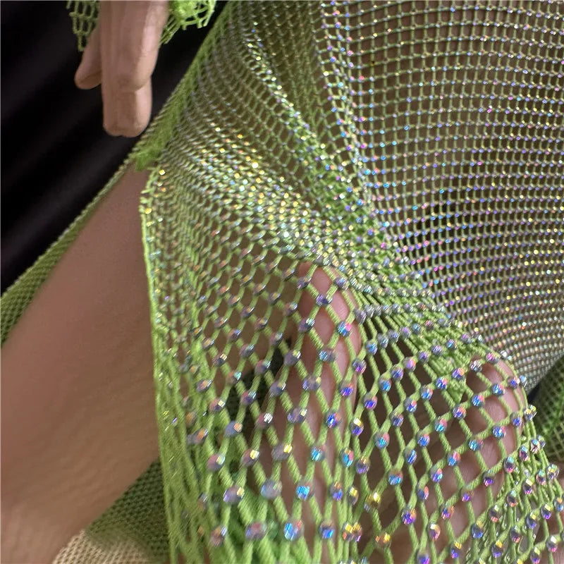 Rhinestone See Through Club Dress With Fishnet Details