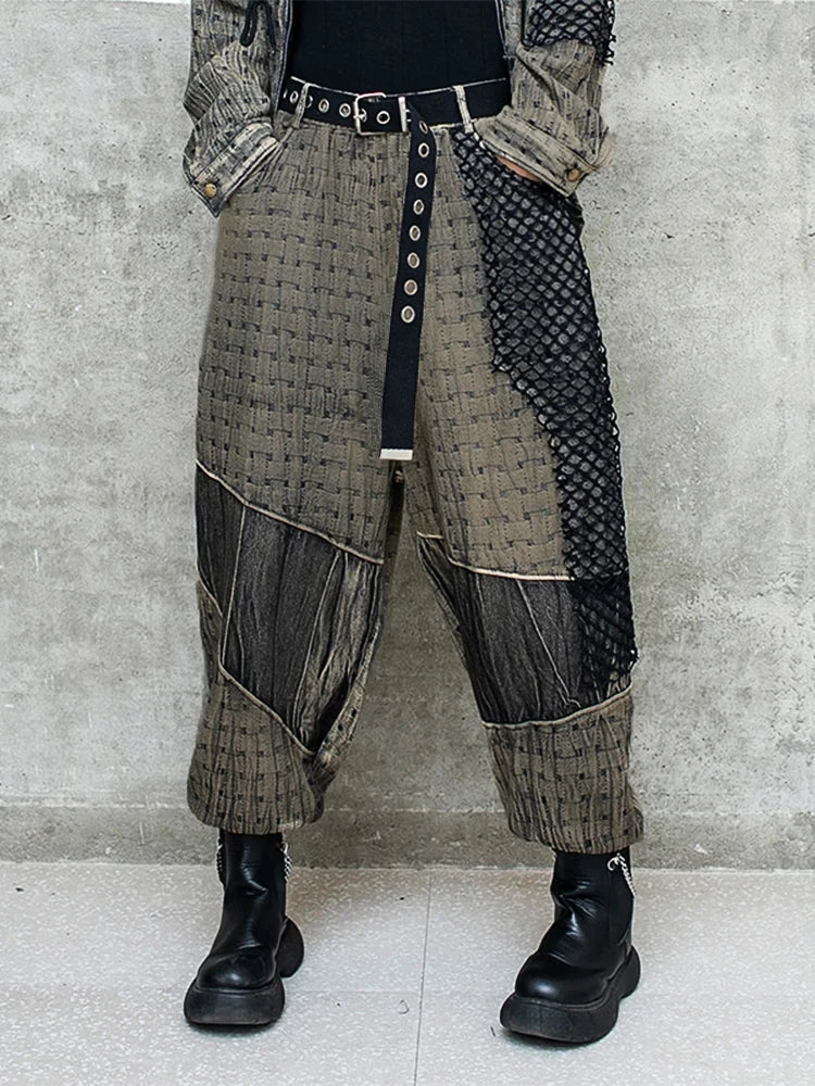 Vintage Denim Two Piece Women's Jacket and Pants Set with Hooded Coat and Casual Mesh Pants