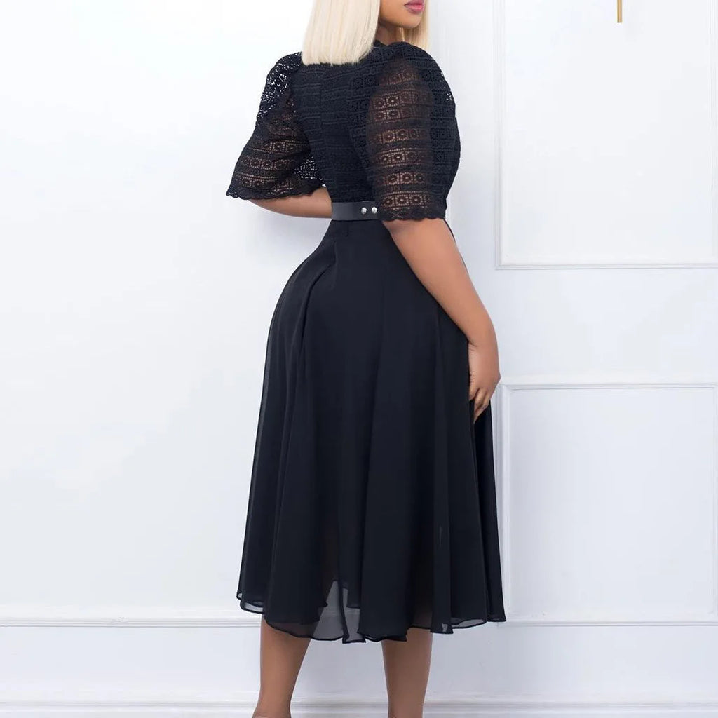 Square Neck Lace Dress Belt A Line Flare Sleeve Mid Calf