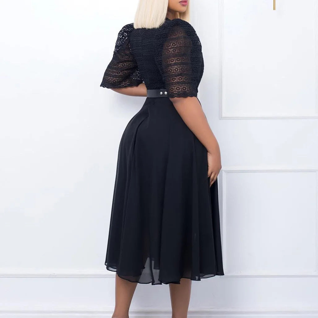 Square Neck Lace Dress Belt A Line Flare Sleeve Mid Calf