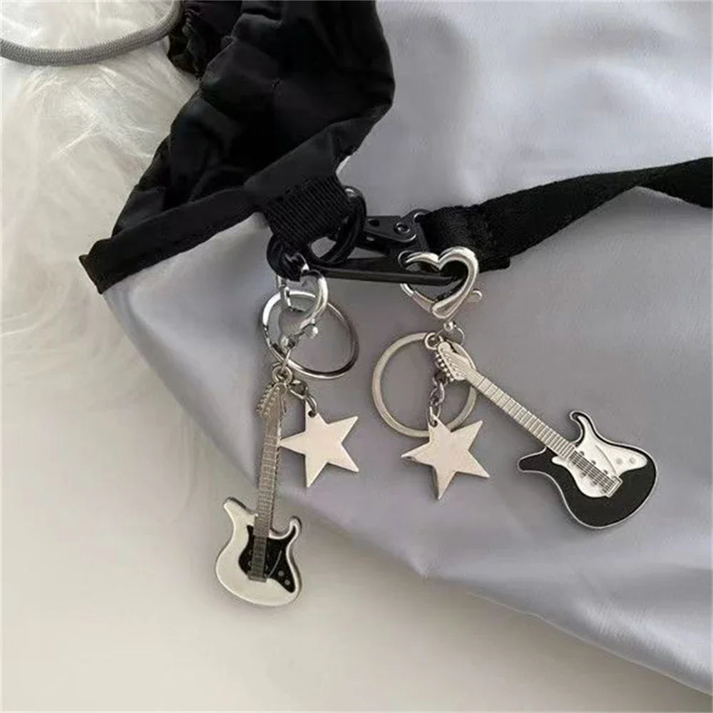Guitar Love Heart Star Key Chain Trendy Fashion Pendant for Men and Women Rock Punk Vintage Accessories Gift