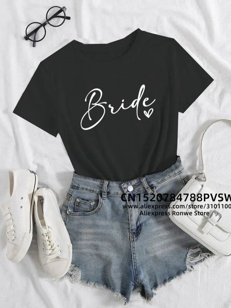 Team Bride Heart Hen Party T-Shirt for Women Wedding Group Tee in Black Pink and White